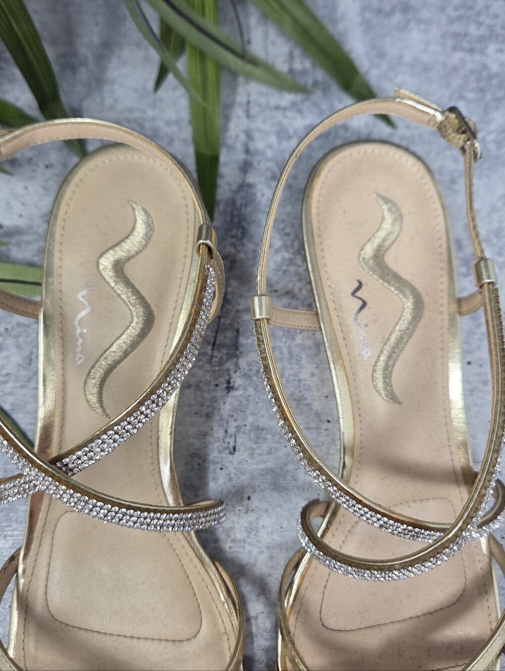 Nina Shiny Metallic Gold & Rhinestone Fancy 2" Wedge Dress Sandals Size 9 - Picture 3 of 10